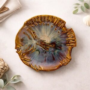 Mid-Century Signed Studio Art Pottery Fish Dish Coastal Blue Cream Caramel Glaze